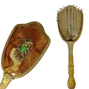Vintage Hair Brush Brown Marble Like Back Golden Handle Clear Bristles Removable